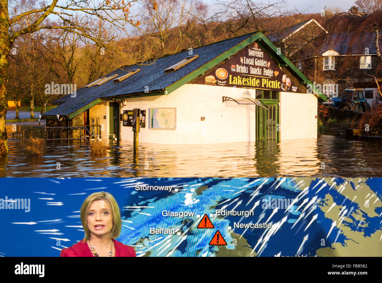 A composite image of the Storm Desmond weather forecast and its impacts, here the Lakeside Picnic surrounded by flood water after Lake Windermere burst its banks in Ambleside in the Lake District on Monday 7th December 2015, after torrential rain from storm Desmond. Stock Photo