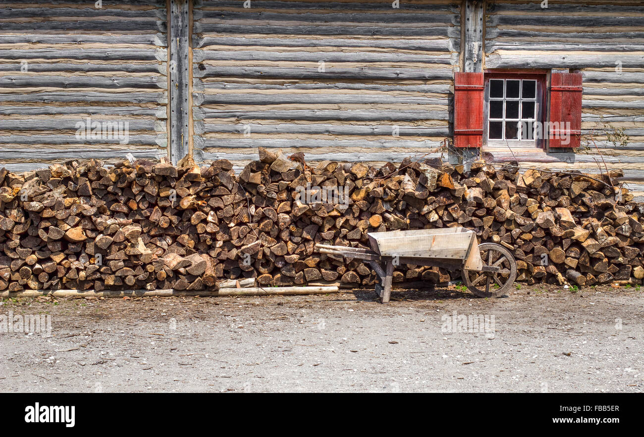 Rustic Log Cabin With Stacks Of Firewood And Vintage Wheelbarrow