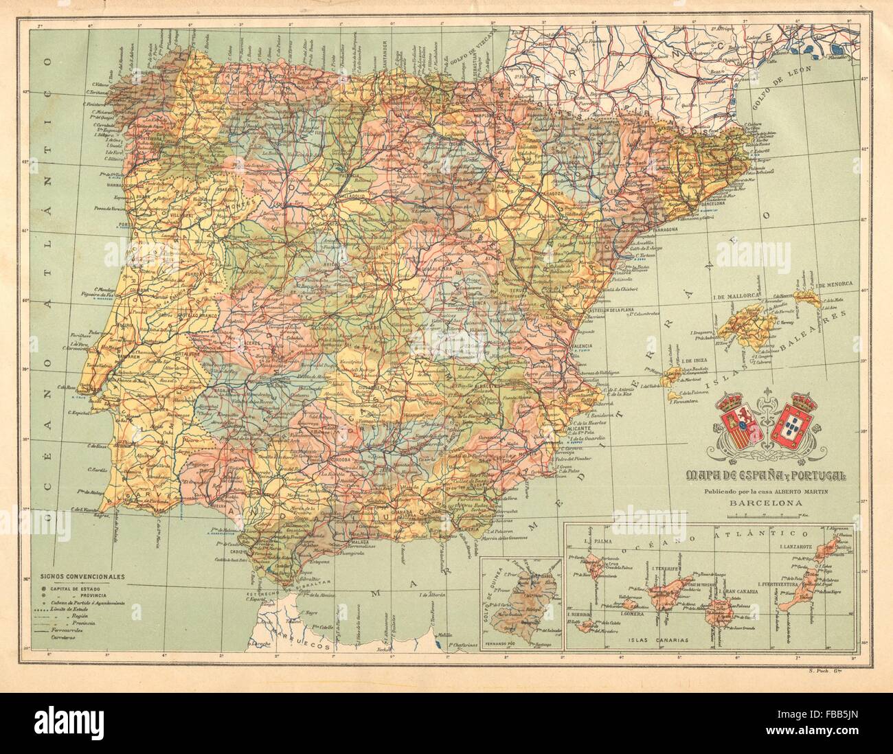 SPAIN PORTUGAL. ESPAÑA. Iberia mapa antiguo. ALBERTO MARTIN, c1911 Stock Photo