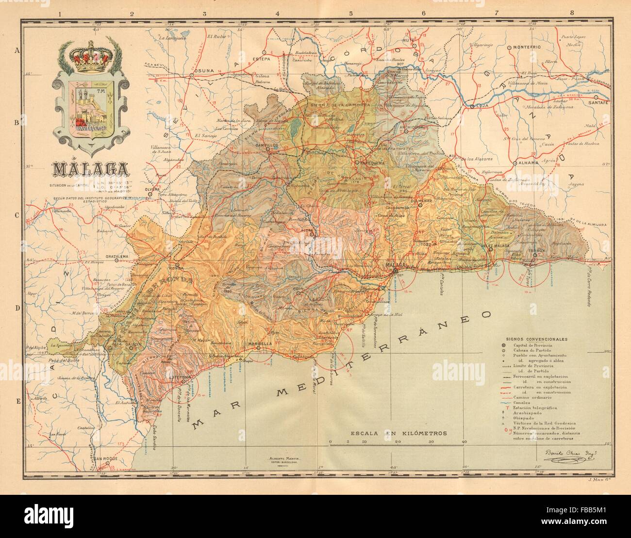 MÁLAGA. Malaga. Andalucia. Mapa antiguo de la provincia. ALBERTO MARTIN c1911 Stock Photo