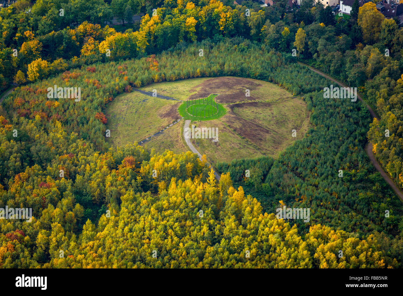 Aerial view, artwork of Jan Bormann, sundial on Halde Schwerin, Bergehalde, Castrop-Rauxel, Ruhr area,, Europe, aerial view, Stock Photo