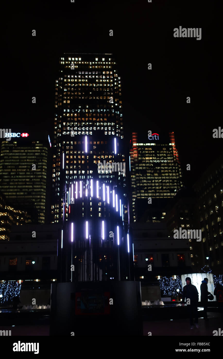 Totem by Bitone Collective is on display to the public at the Winter Lights Festival 2016 in Canary Wharf. Stock Photo