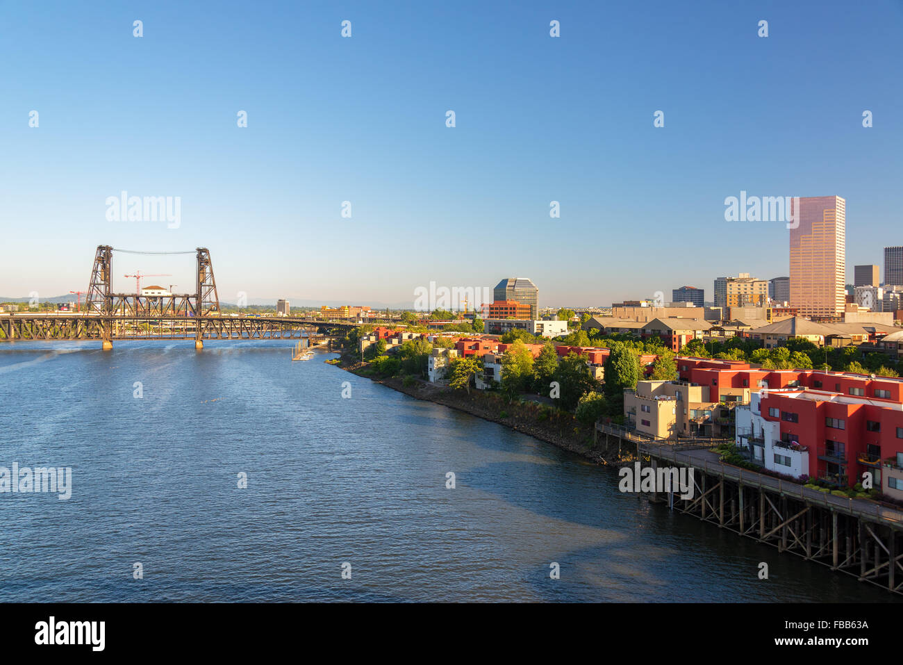 View of Portland, Oregon and the Willamette River with the Steel Bridge and downtown visible Stock Photo