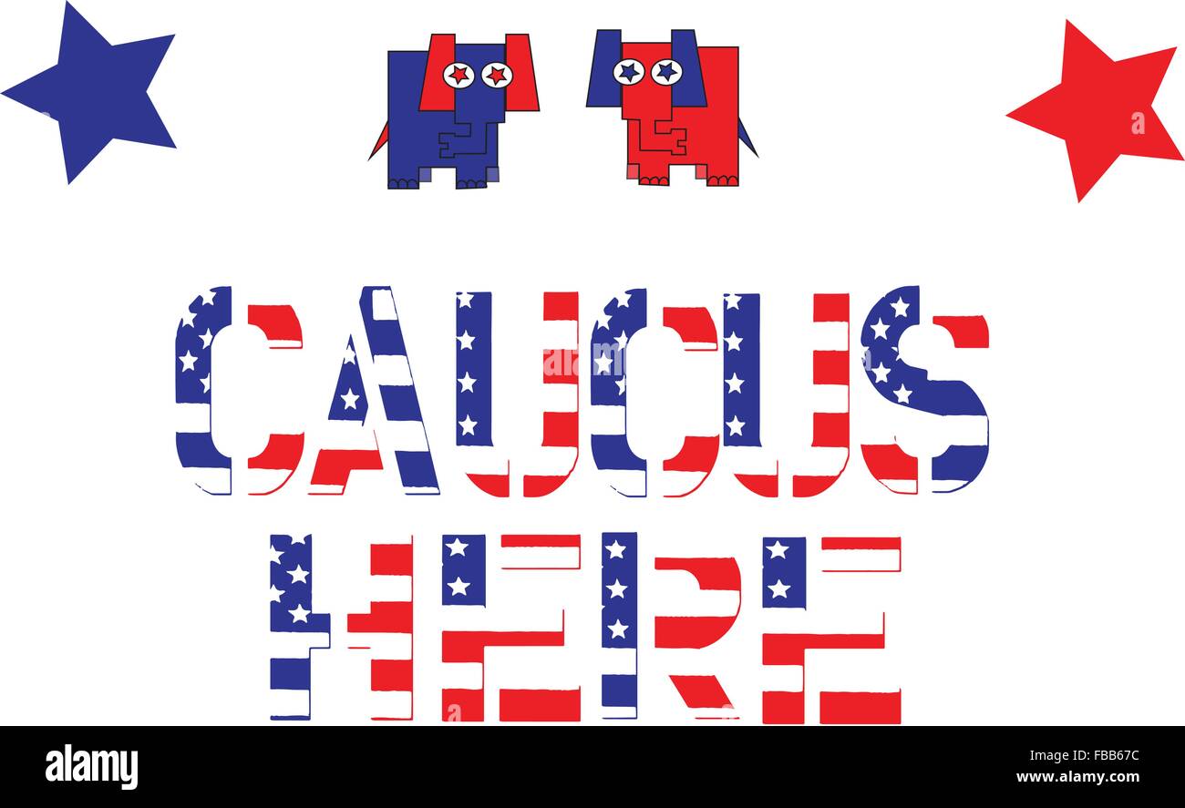 Red, white and blue lettering spelling Caucus Here with Republican party mascot and stars on white. Stock Vector