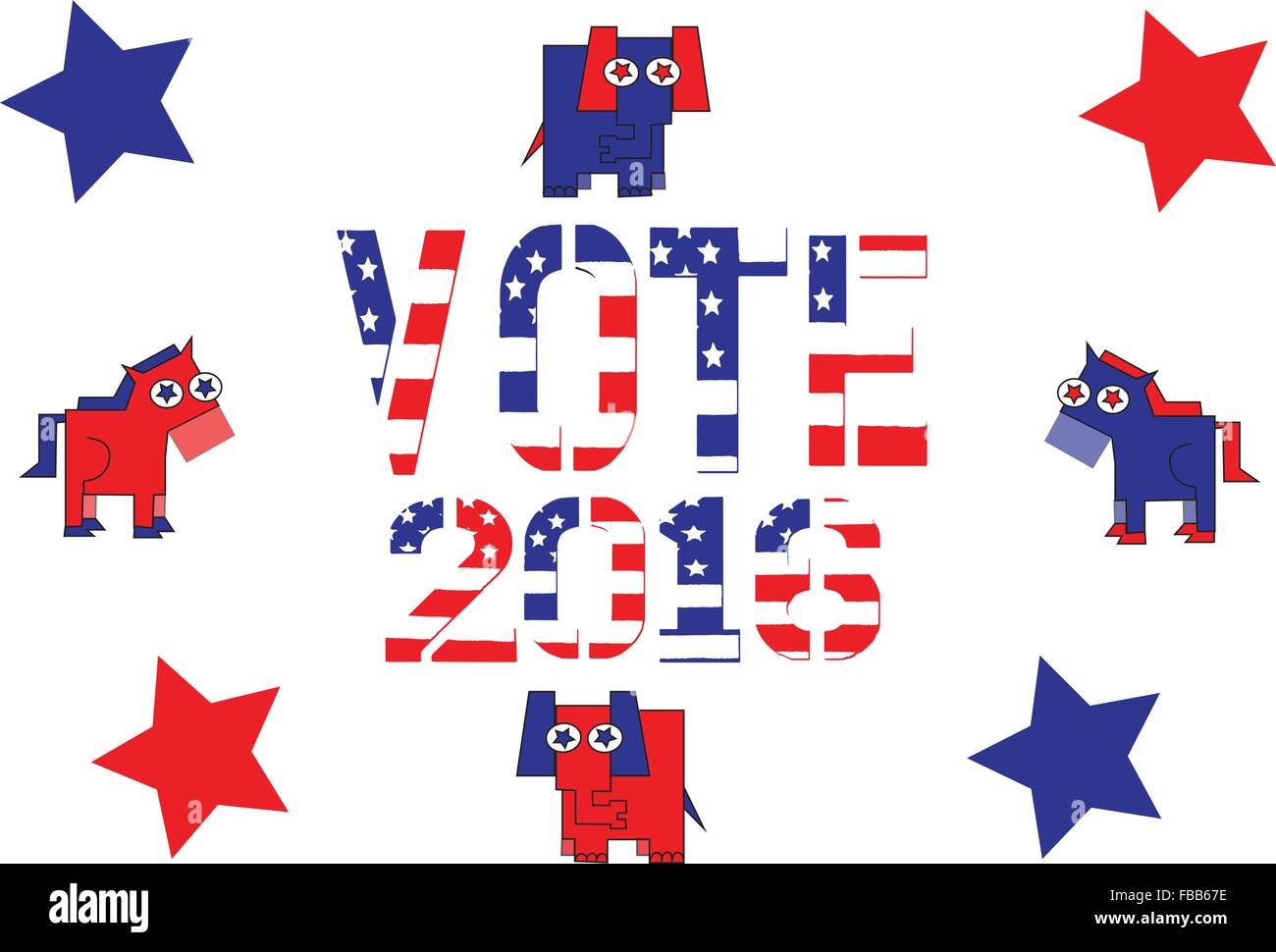 Red, white and blue lettering spelling Vote Republican with party mascot and stars on white. Stock Vector