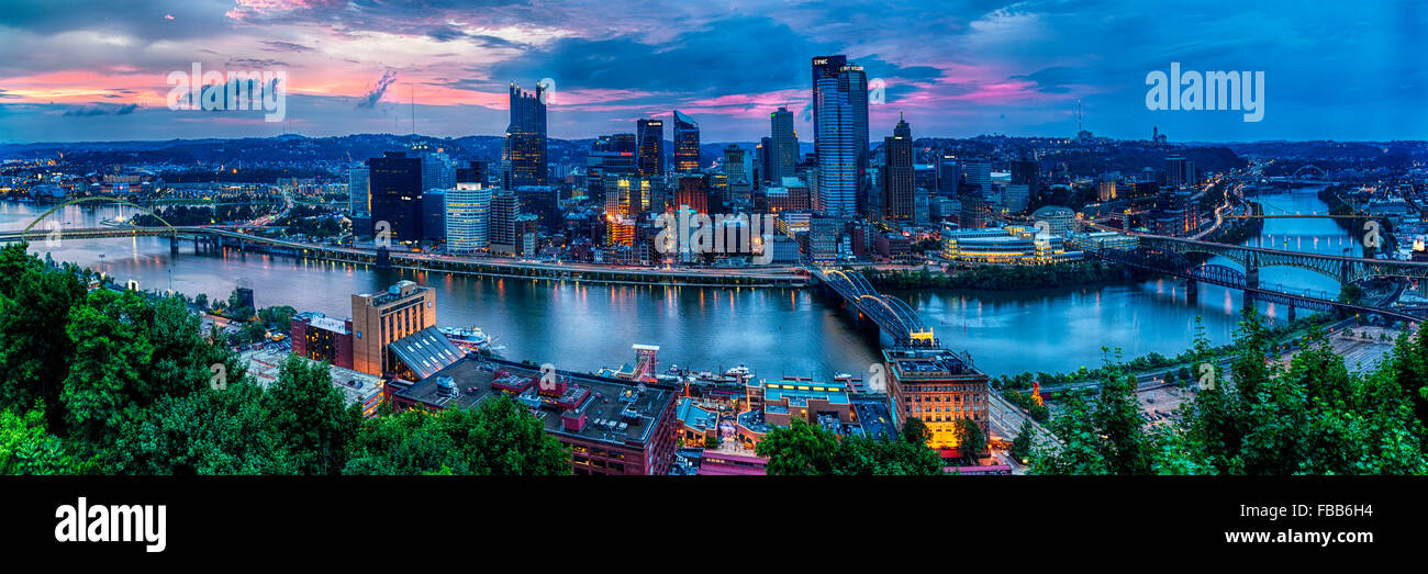 High Angle View of the Pittsburgh Skyline at Sunset from Mt Washington, Pennsylvania Stock Photo