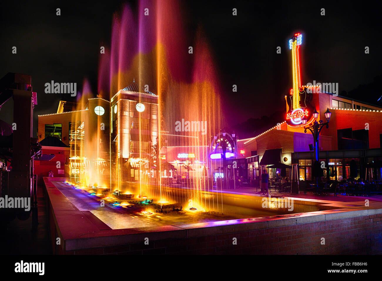 Fountain and Rock and Roll Bar on Station Square Illuminated at Night, Pittsburgh, Pennsylvania Stock Photo