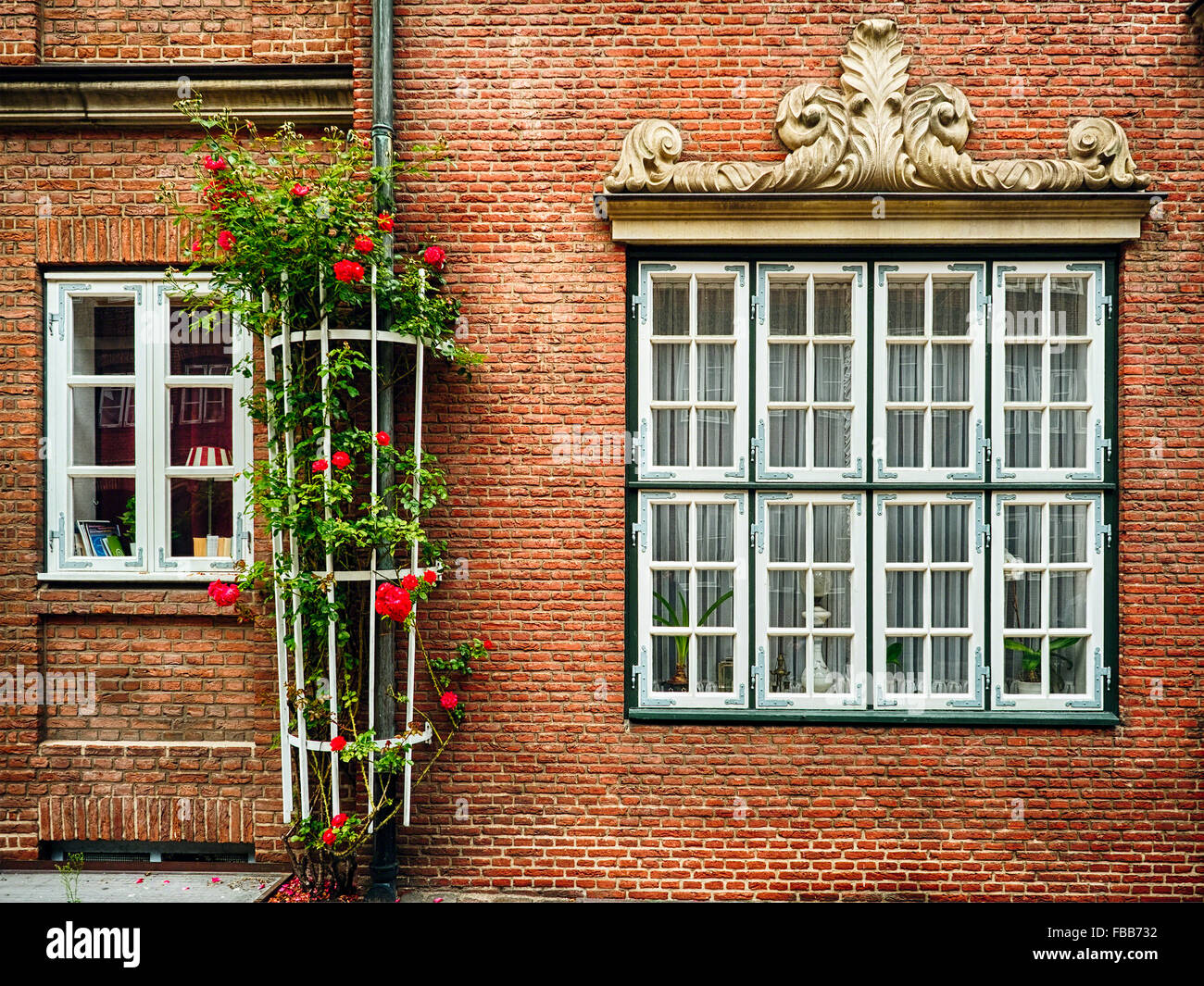 Close Up View of Traditional German Windows in a Brick Building, Old Hamburg, Germany Stock Photo
