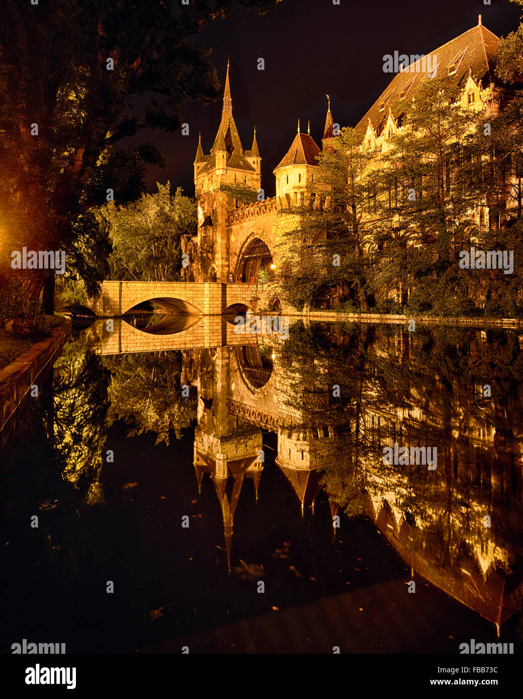View of the Entrance Gate , Tower and Bridge of the Vajadahunyad Castle reflected in a a Lake at Night, Budapest, Hungary Stock Photo