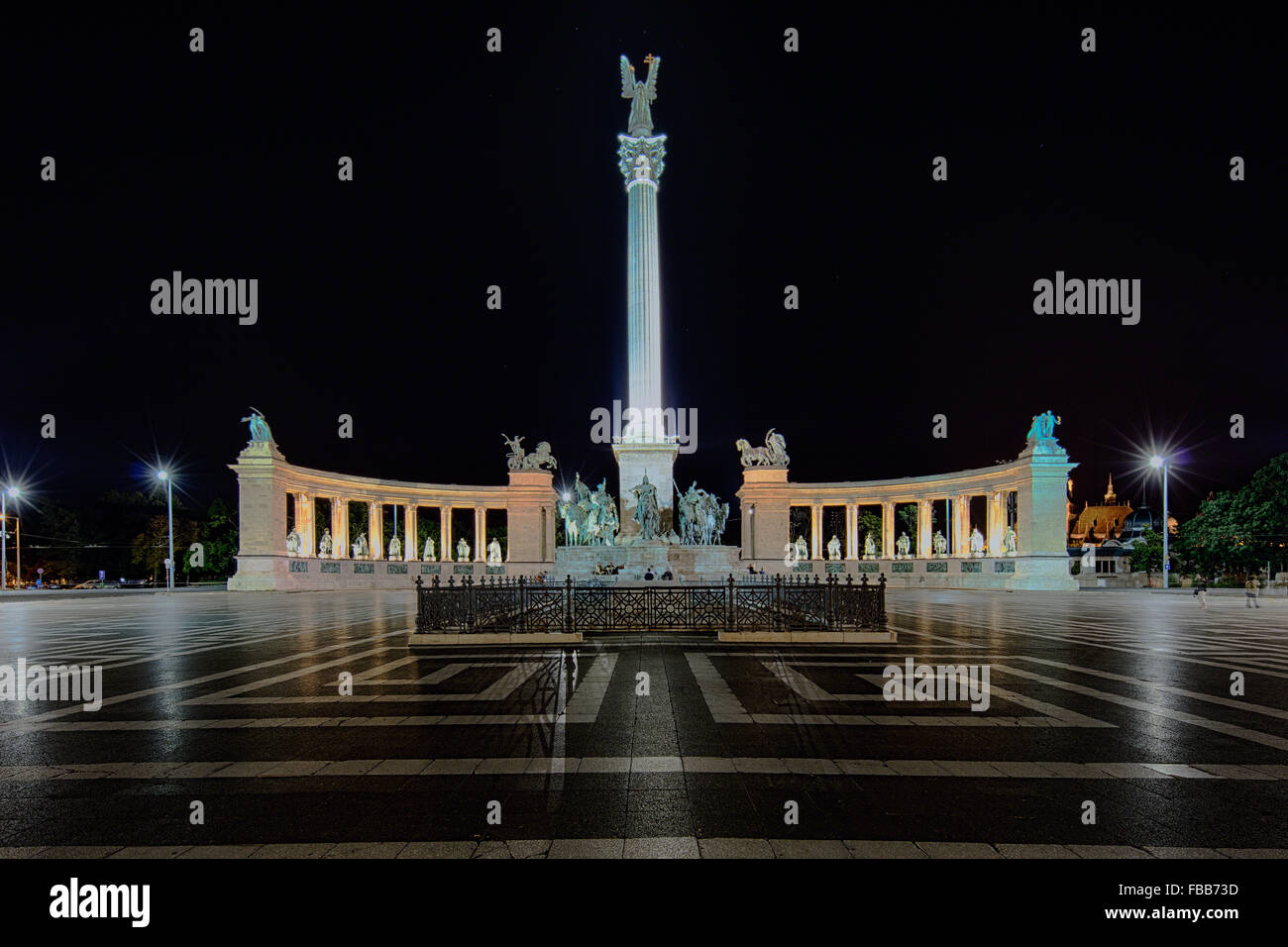 Low Angle View of the Hero's Square with the a Column and Colonnades, at Night, Budapest, Hungary Stock Photo