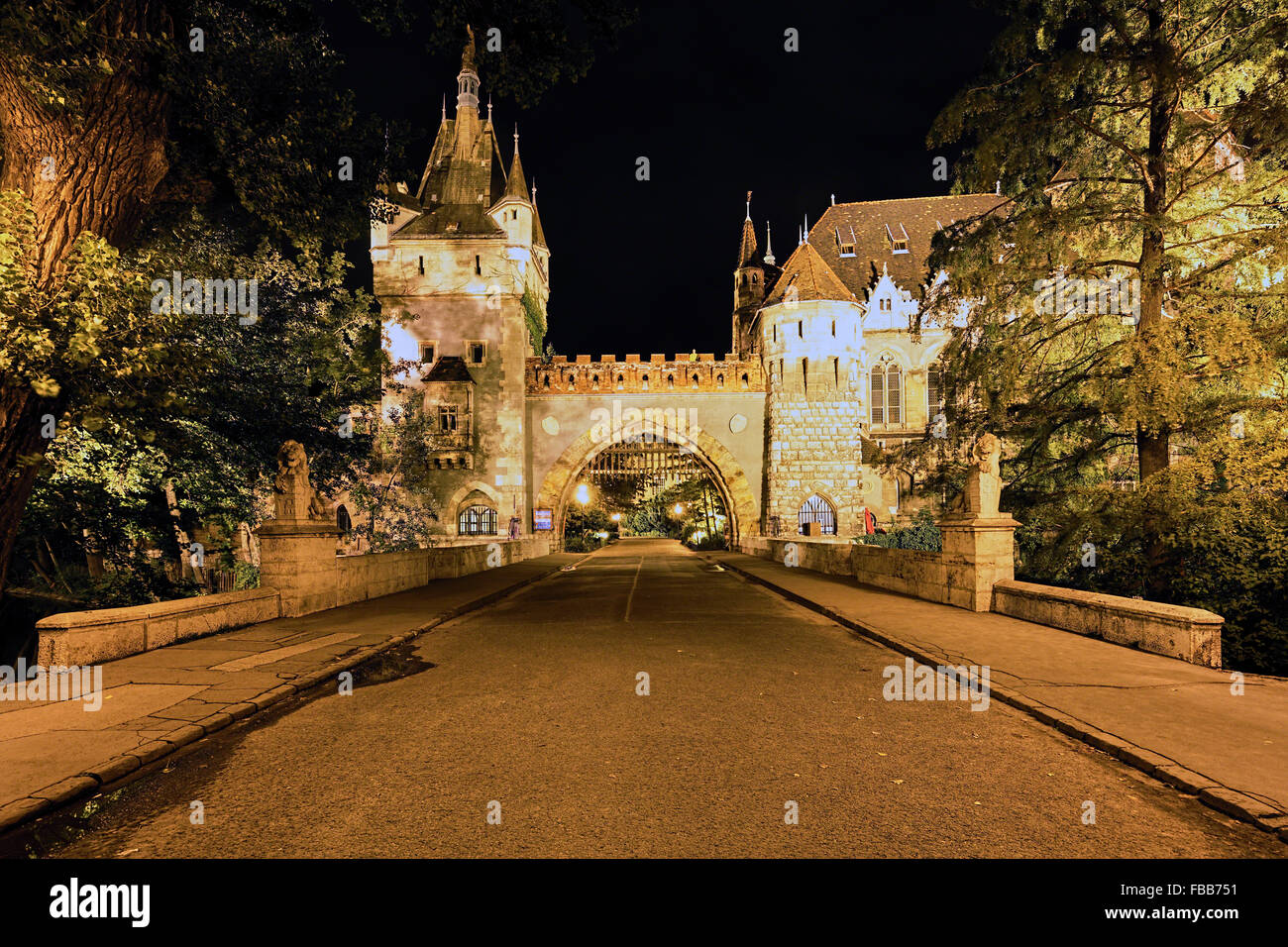 Low Angle View of a Castle Gate Lit Up at Night, Vajdahunyad Castle, Budapest, Hungary Stock Photo