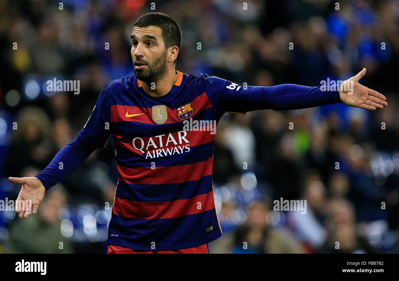 Barcelona, Spain. 13th Jan, 2016. Barcelona's Turkish midfielder Arda Turan reacts during the second round of Spanish King's Cup eighth final match against RCD Espanyol at the Cornella-El Prat stadium in Barcelona, Spain, on Jan. 13, 2016. FC Barcelona won 2-0. © Pau Barrena/Xinhua/Alamy Live News Stock Photo