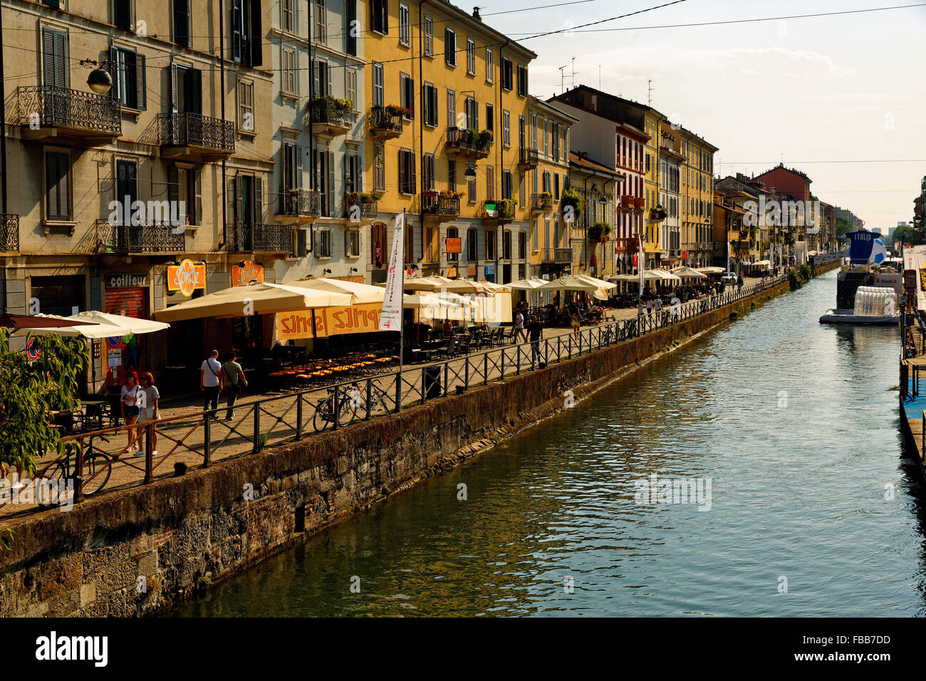 View of the Grand Canal with Outdoor Cafes, Milan,Lombardy, Italy Stock Photo