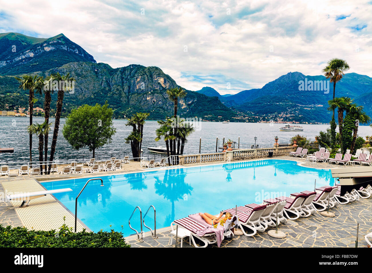 High Angle View of a Resort Pool Along a Mountain Lake, Bellagio, Lake Como, Lombardia, Italy Stock Photo