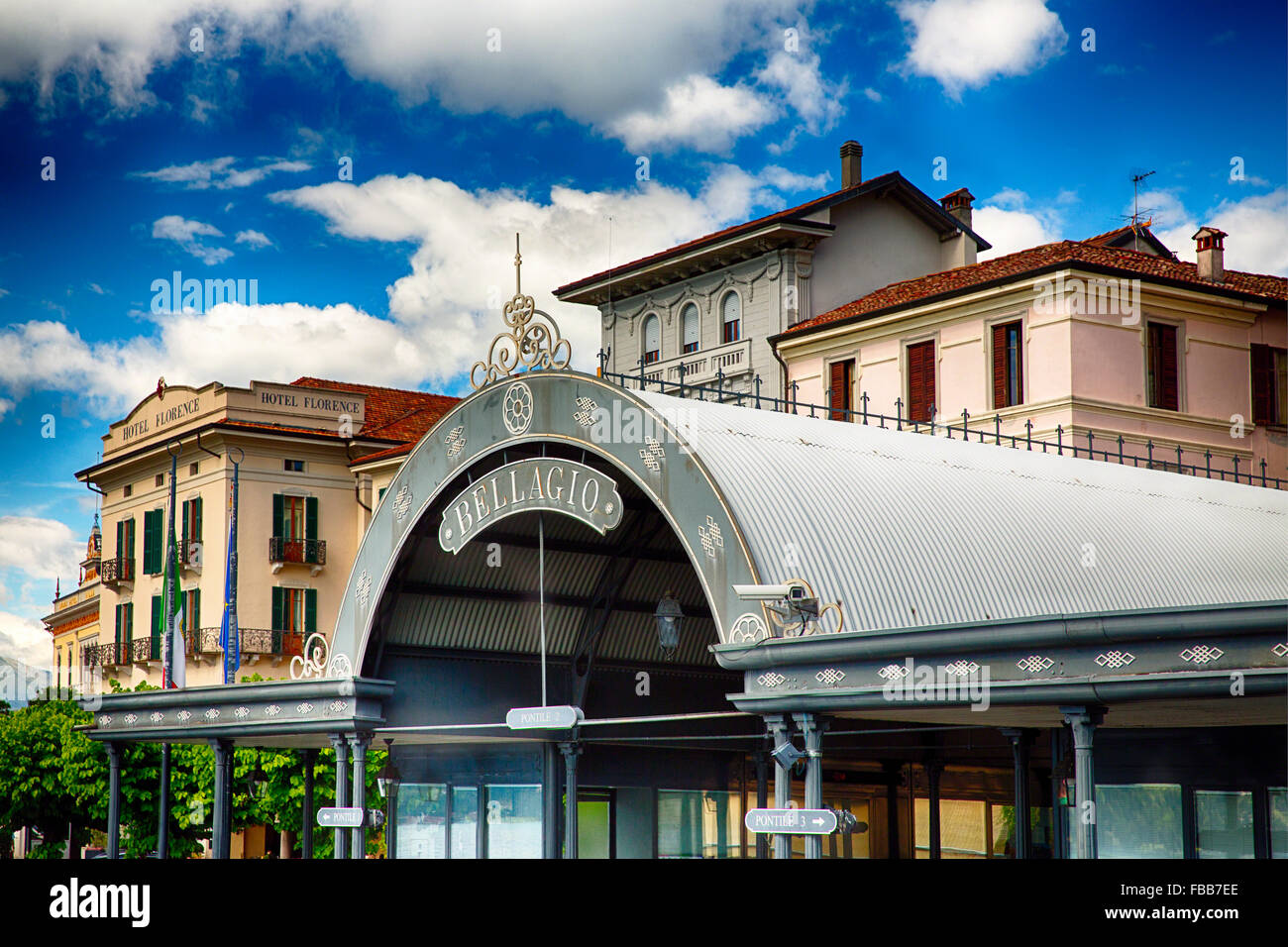 Low Angle View of the Bellagio Boat Pier and Hotels, Lake Como, Lombardy, Italy Stock Photo