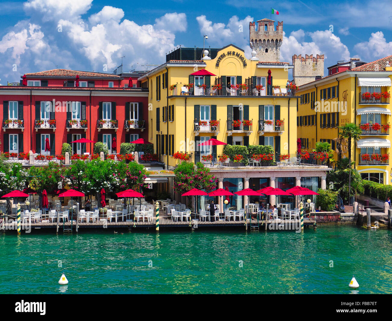 High Angle View of the Hotel Sirmione at a Waterfront, Sirmione, Lake Garda, Brescia Province, Italy Stock Photo