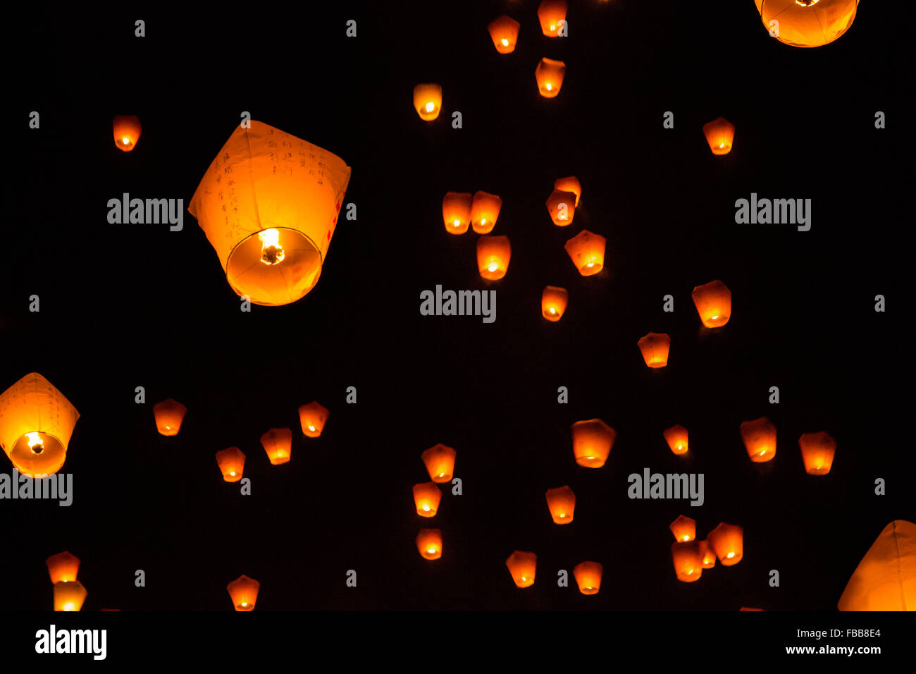 Lanterns floating in sky in Pingxi,Taiwan Stock Photo