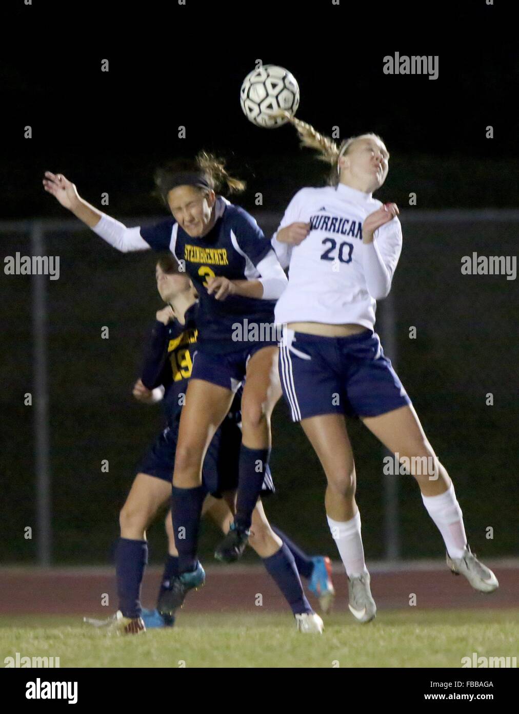 Palm Harbor, Florida, USA. 13th Jan, 2016. DOUGLAS R. CLIFFORD | Times.Steinbrenner High School's Claire Morrison (3), left, battles with Palm Harbor University High School's Ashley Thomas (20) for possession of the ball during Wednesday's (1/13/16) girls soccer: 5A-7 district tournament at Palm Harbor. © Douglas R. Clifford/Tampa Bay Times/ZUMA Wire/Alamy Live News Stock Photo
