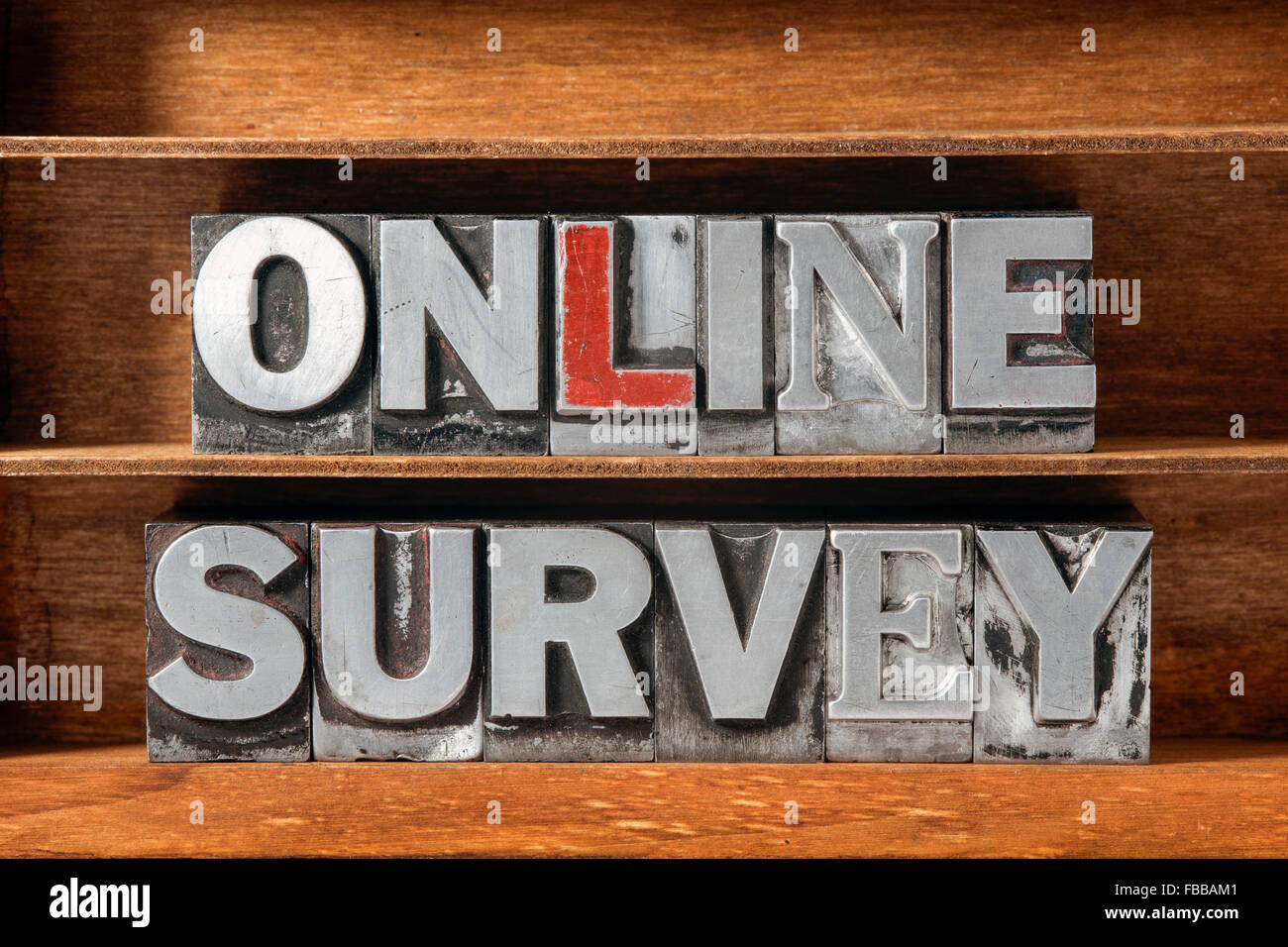 online survey phrase made from metallic letterpress type on wooden tray Stock Photo
