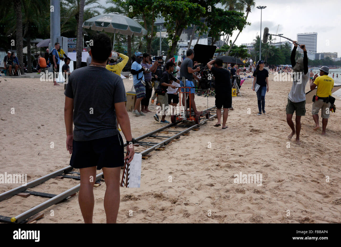 A scene from a Thai soap opera being filmed on Pattaya Beach Thailand Stock Photo