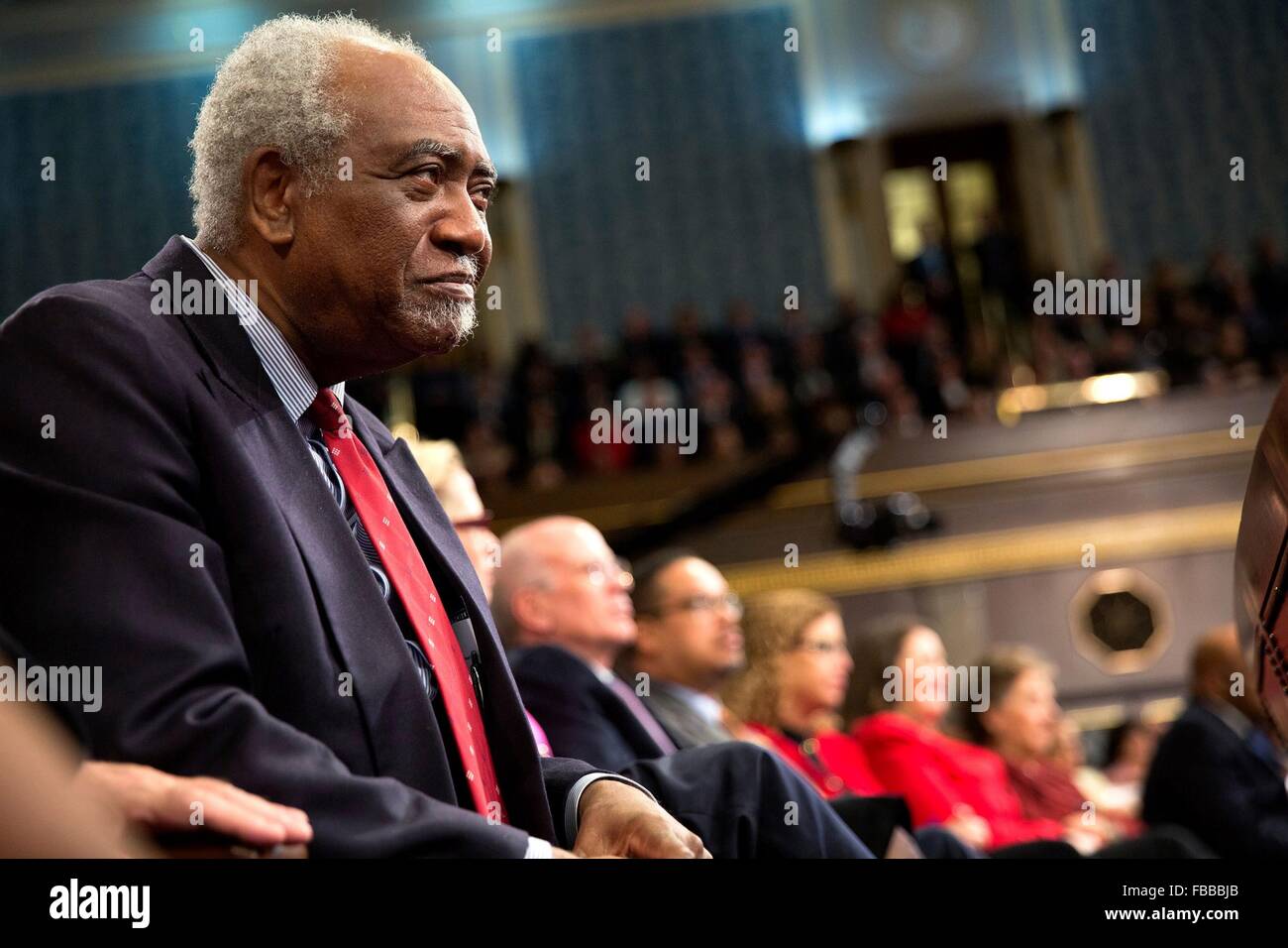Washington DC, USA. 12th January, 2016. Rep. Danny Davis listens to U.S President Barack Obama deliver his final State of the Union address to a joint session of Congress on Capitol Hill January 12, 2016 in Washington, DC. Stock Photo