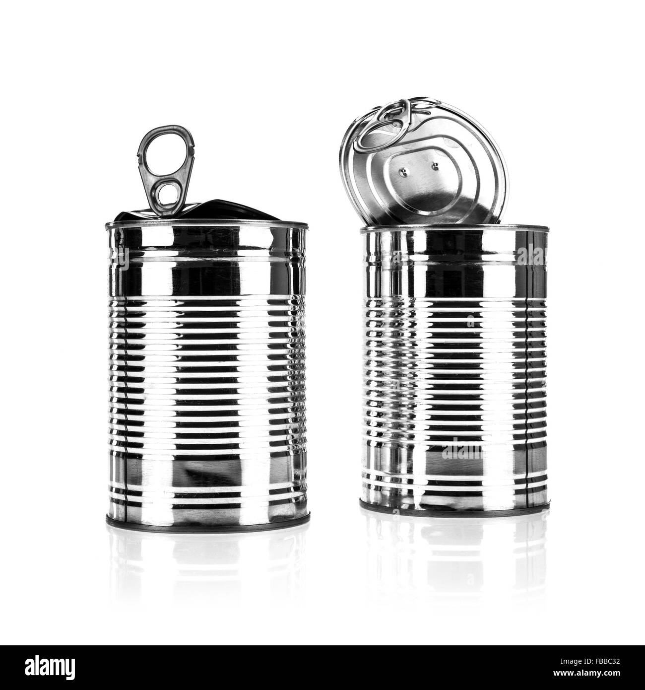 Two Opened tin cans on a white background Stock Photo