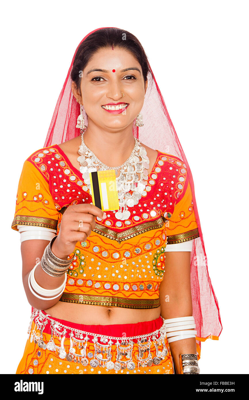 1 indian rural Gujrati woman Credit Card showing Stock Photo