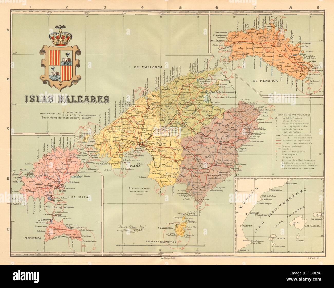 ISLAS BALEARES ILLES BALEARS Mallorca Ibiza Menorca Balearic Islands, c1911 map Stock Photo
