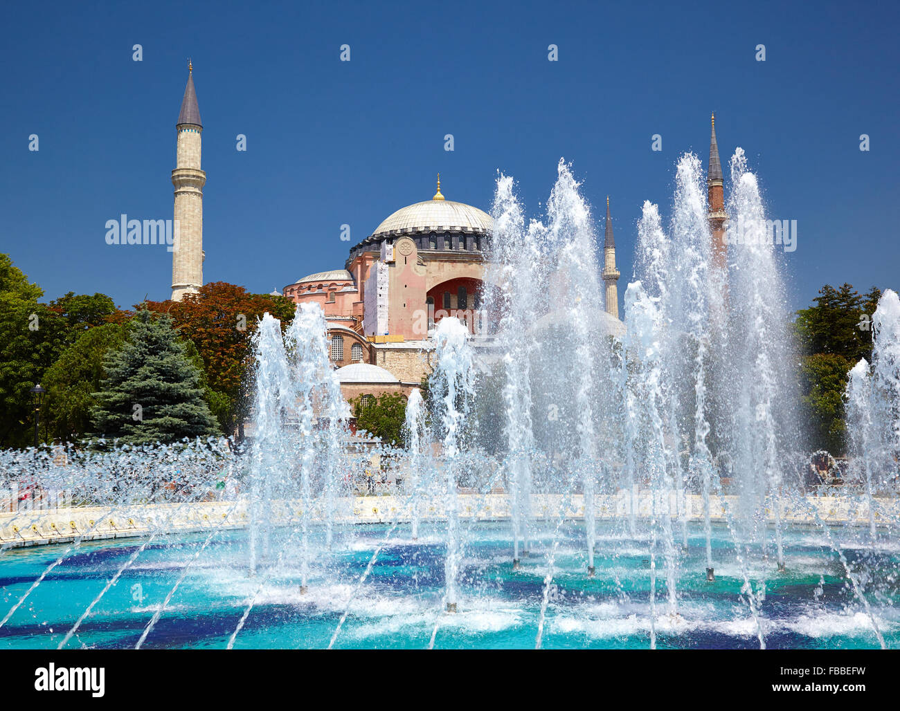 The view of fountain in Sultan Ahmet Park with Hagia Sophia in the ...