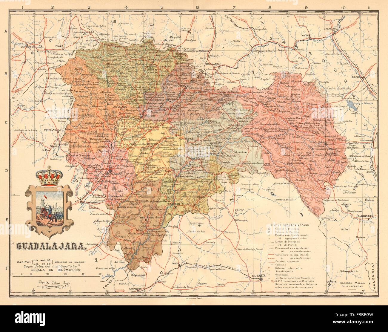 GUADALAJARA. Castilla-La Mancha. Mapa antiguo de la provincia. MARTIN, c1911 Stock Photo