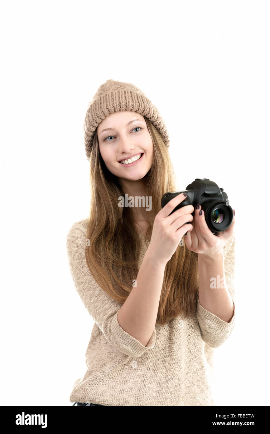 Friendly smiling female photographer holding slr camera, traveling photography, hobby, teenagers