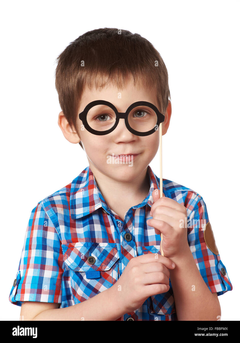 Little smart boy with glasses mask on stick isolated on white Stock Photo
