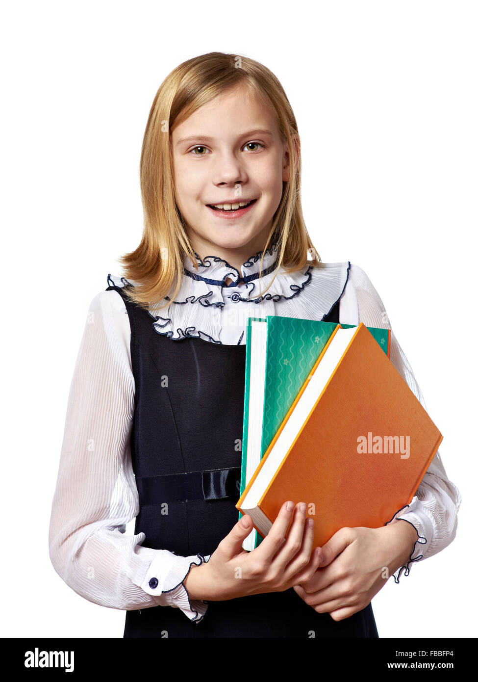 Girl schoolgirl with a two books isolated Stock Photo