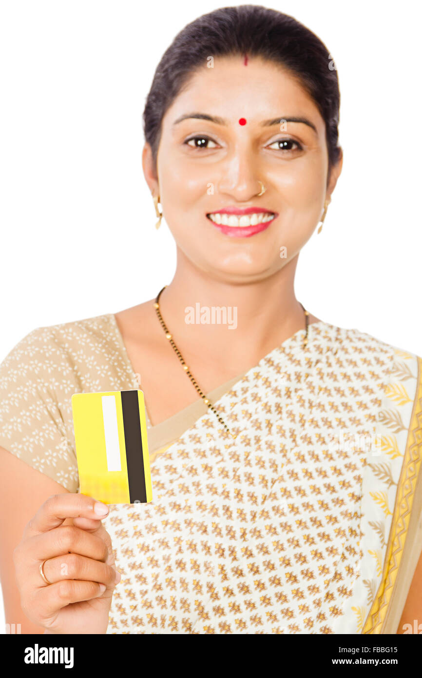 1 indian Rural  woman Credit Card showing Stock Photo