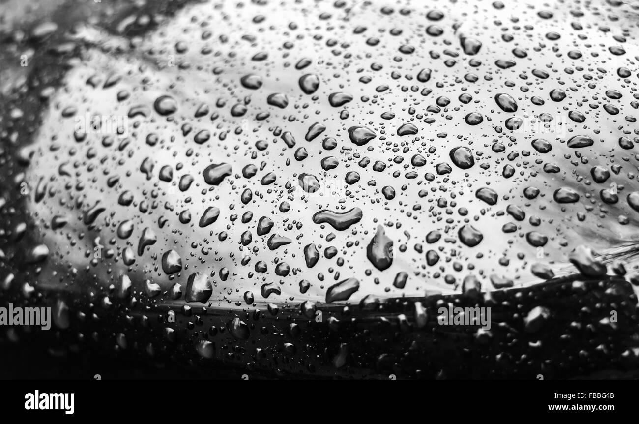 Shining black metallic car hood with raindrops, closeup photo with