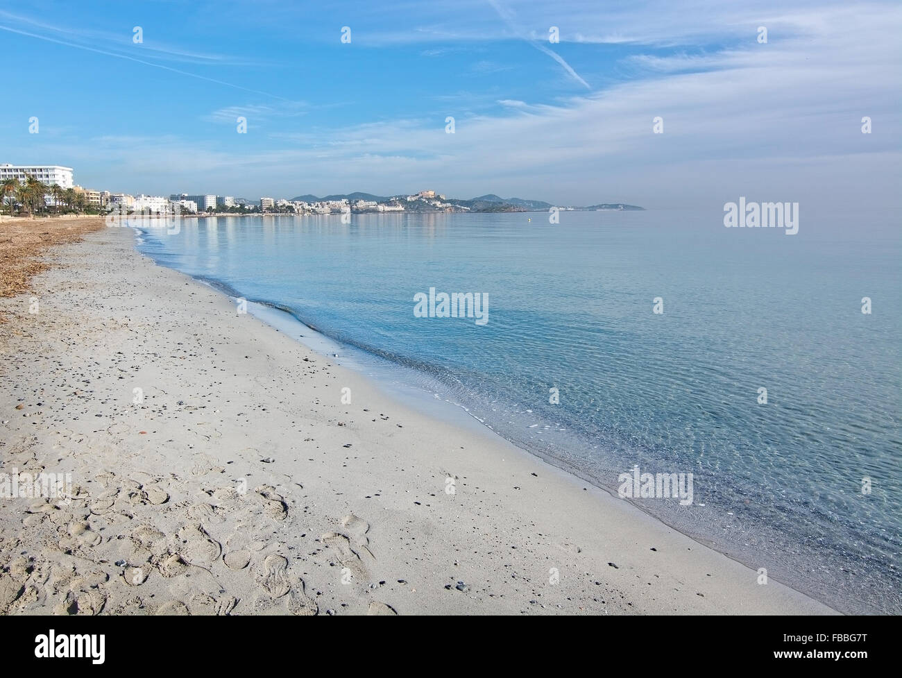 Dreamy soft winter beach on Playa d'en Bossa in December on Playa d'en Bossa, Ibiza, Spain. Stock Photo