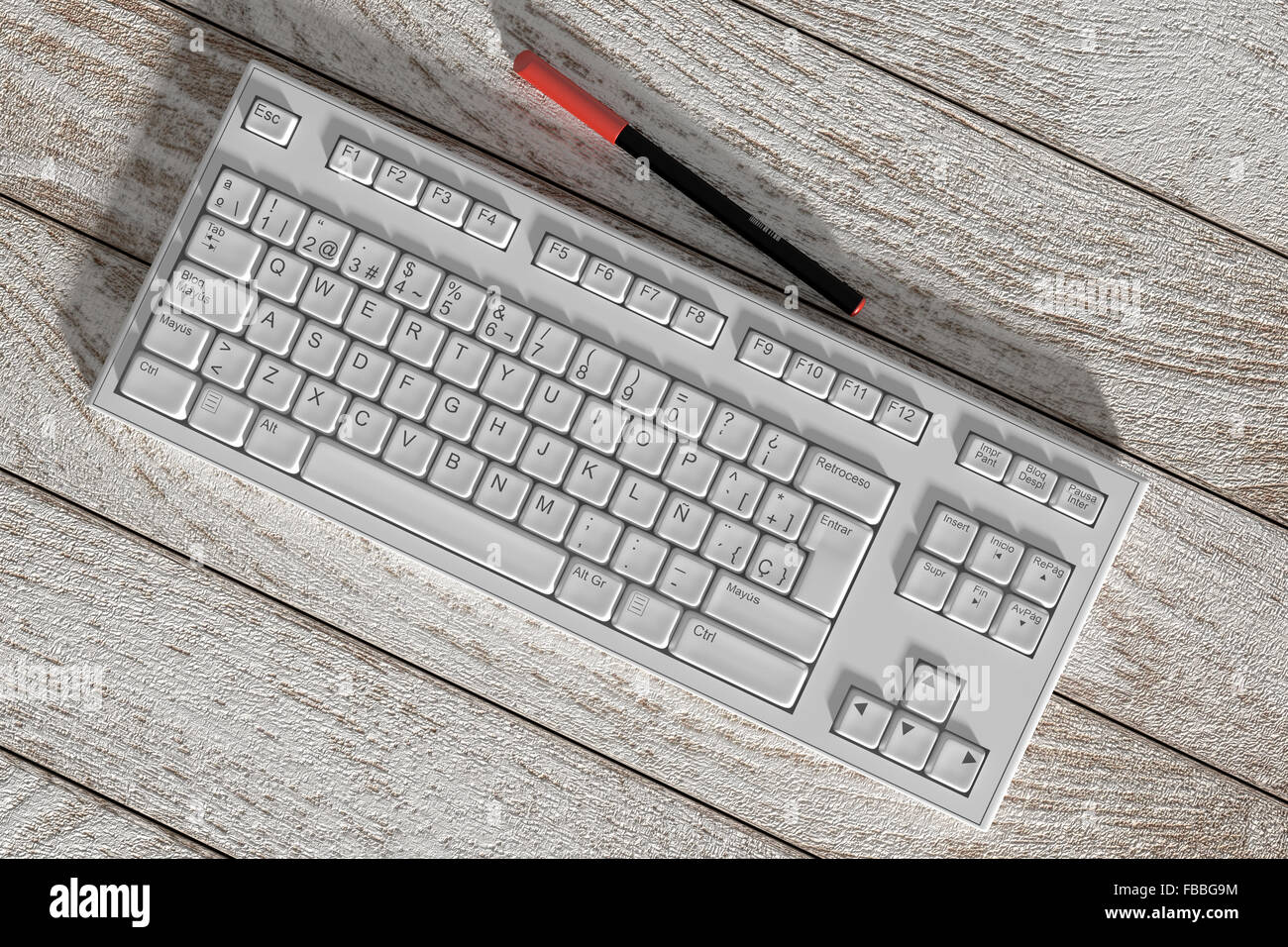 3d rendering of a white spanish keyboard and red marker on wooden table. From above Stock Photo