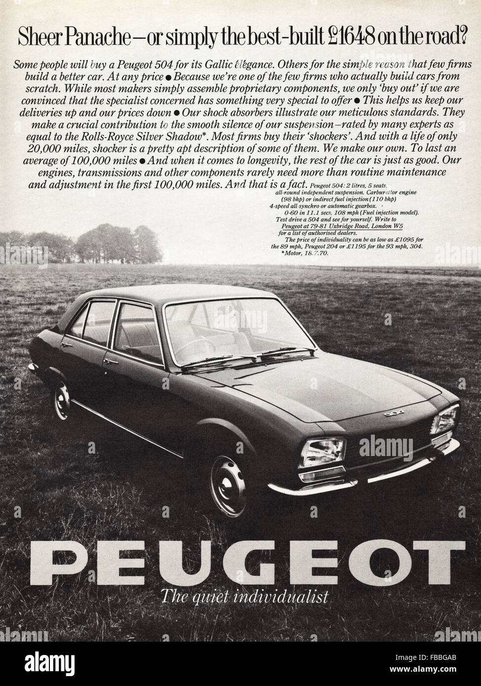 Original vintage full page advert from 1970s. Advertisement from 1971 advertising new Peugeot 504 cars. Stock Photo