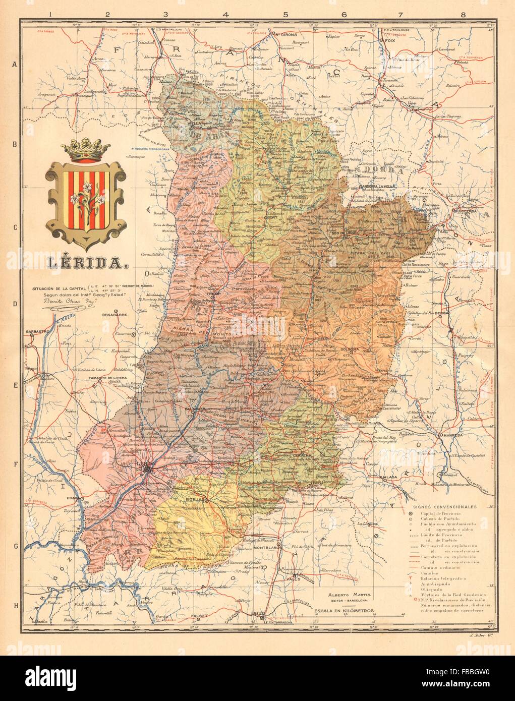 LÉRIDA. Lleida Lerida. Cataluña Catalunya. Mapa antiguo provincia. MARTIN c1911 Stock Photo