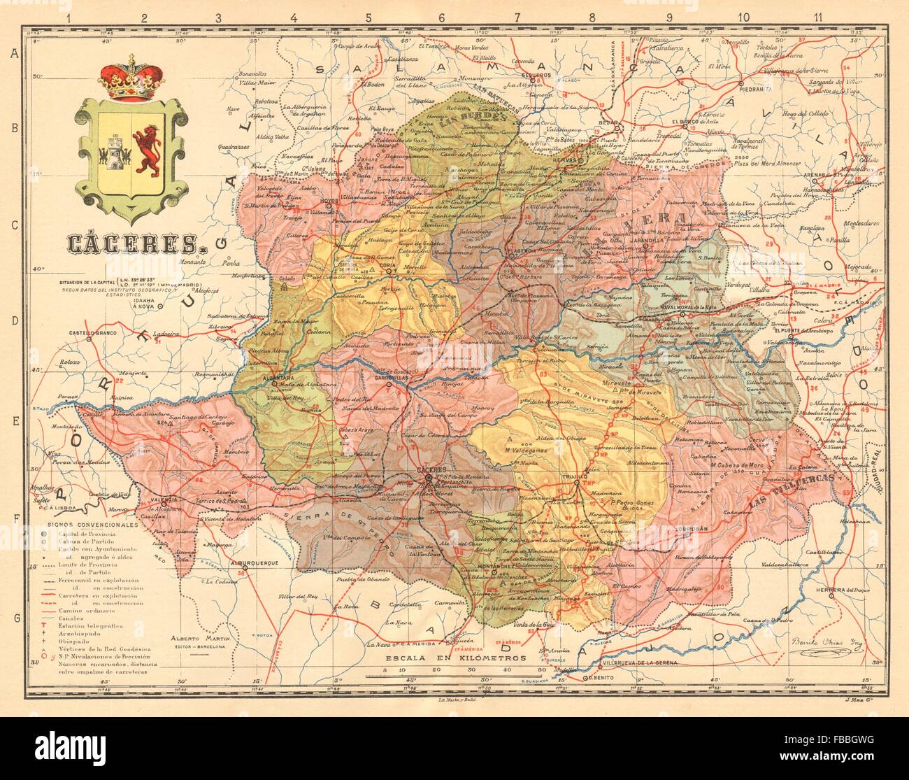 CÁCERES. Caceres. Extremadura. Mapa antiguo de la provincia. MARTIN, c1911 Stock Photo