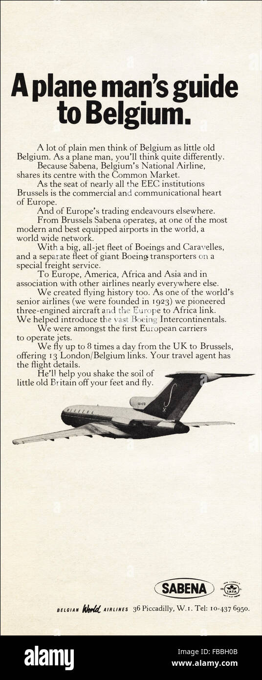 Original vintage advert from 1970s. Advertisement from 1971 advertising SABENA airline of Belgium. Stock Photo