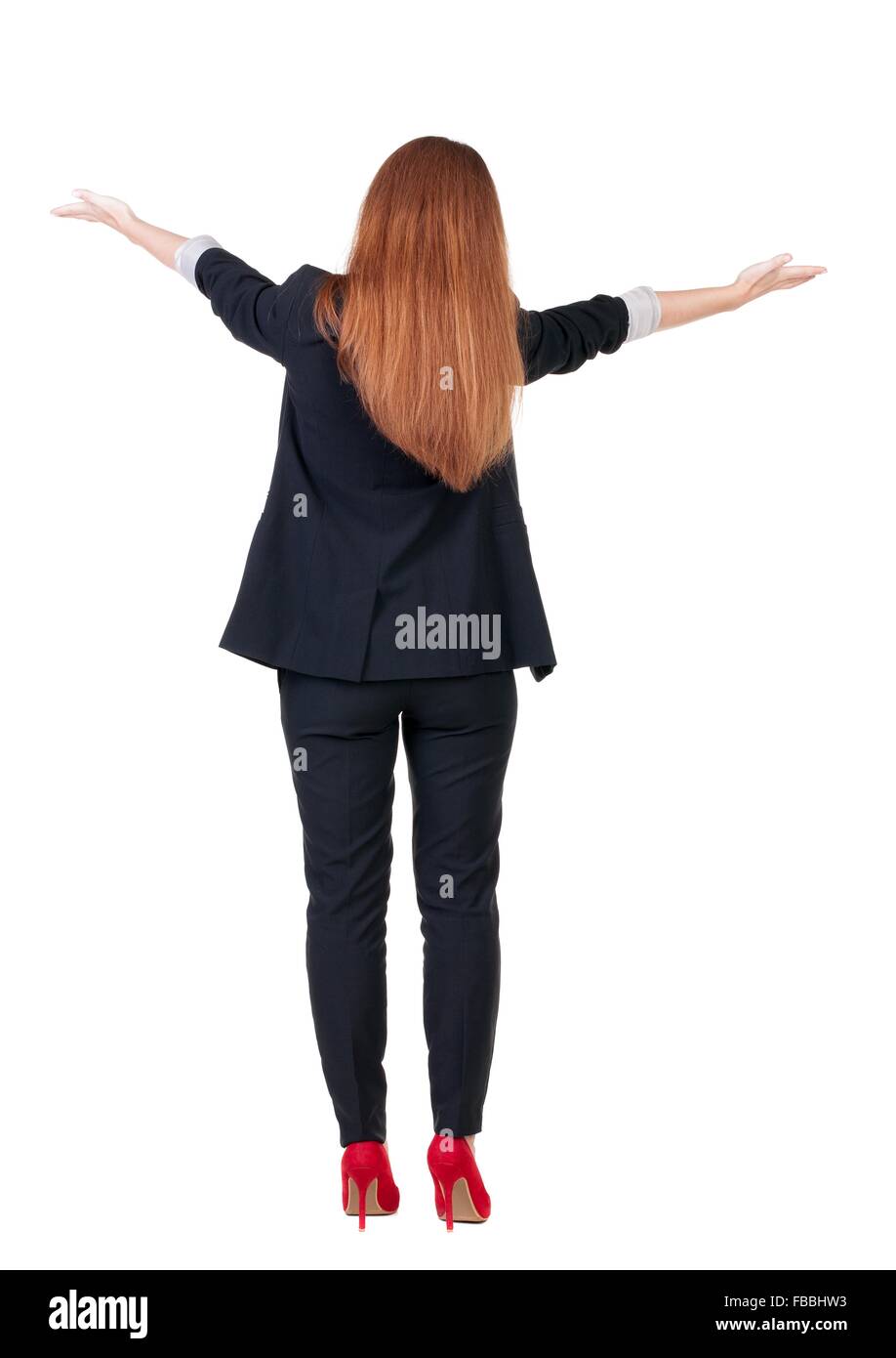 Back view of beautiful business woman welcomes. Young girl in suit ...