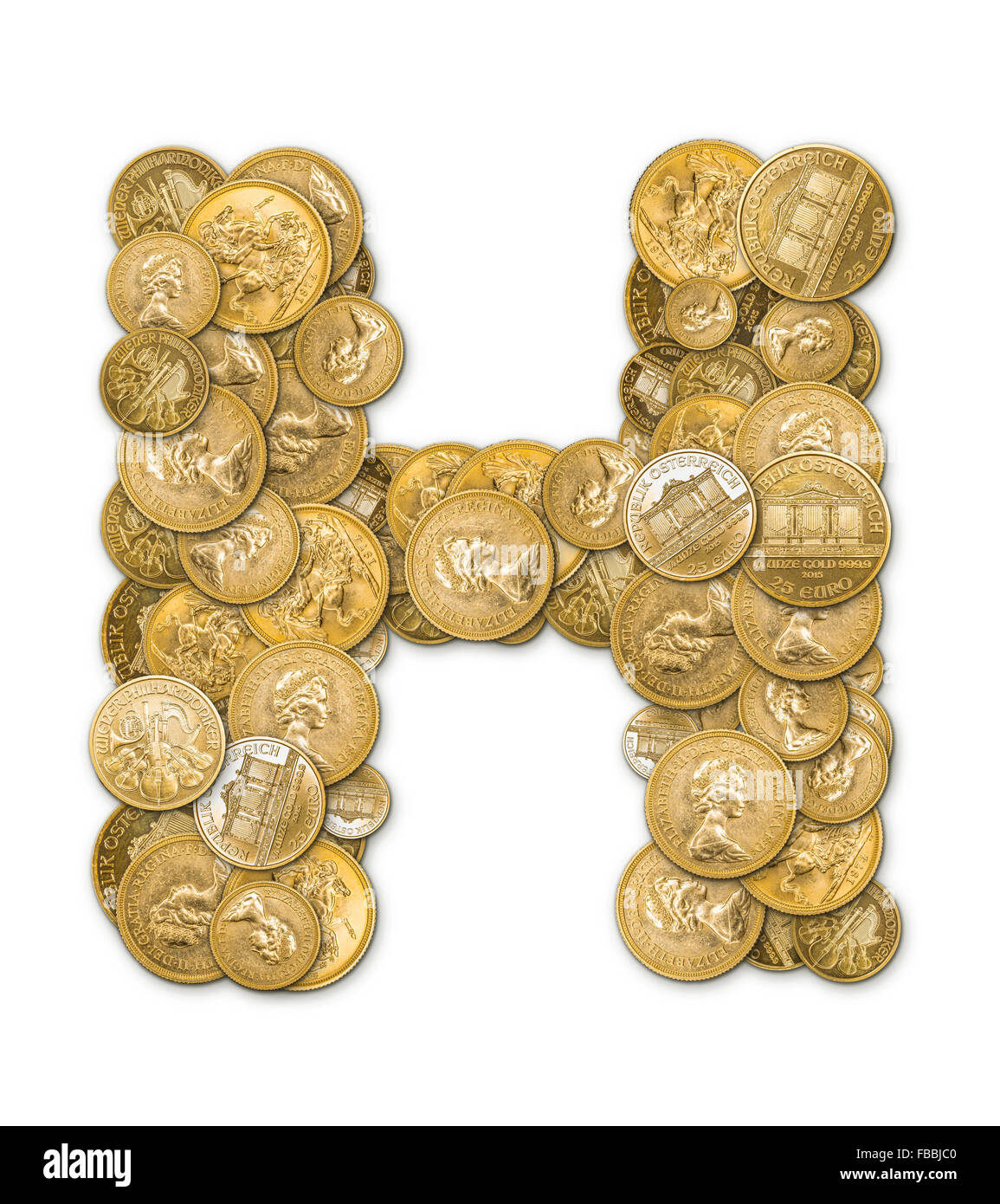Letter H made from gold coins money isolated on white background Stock Photo