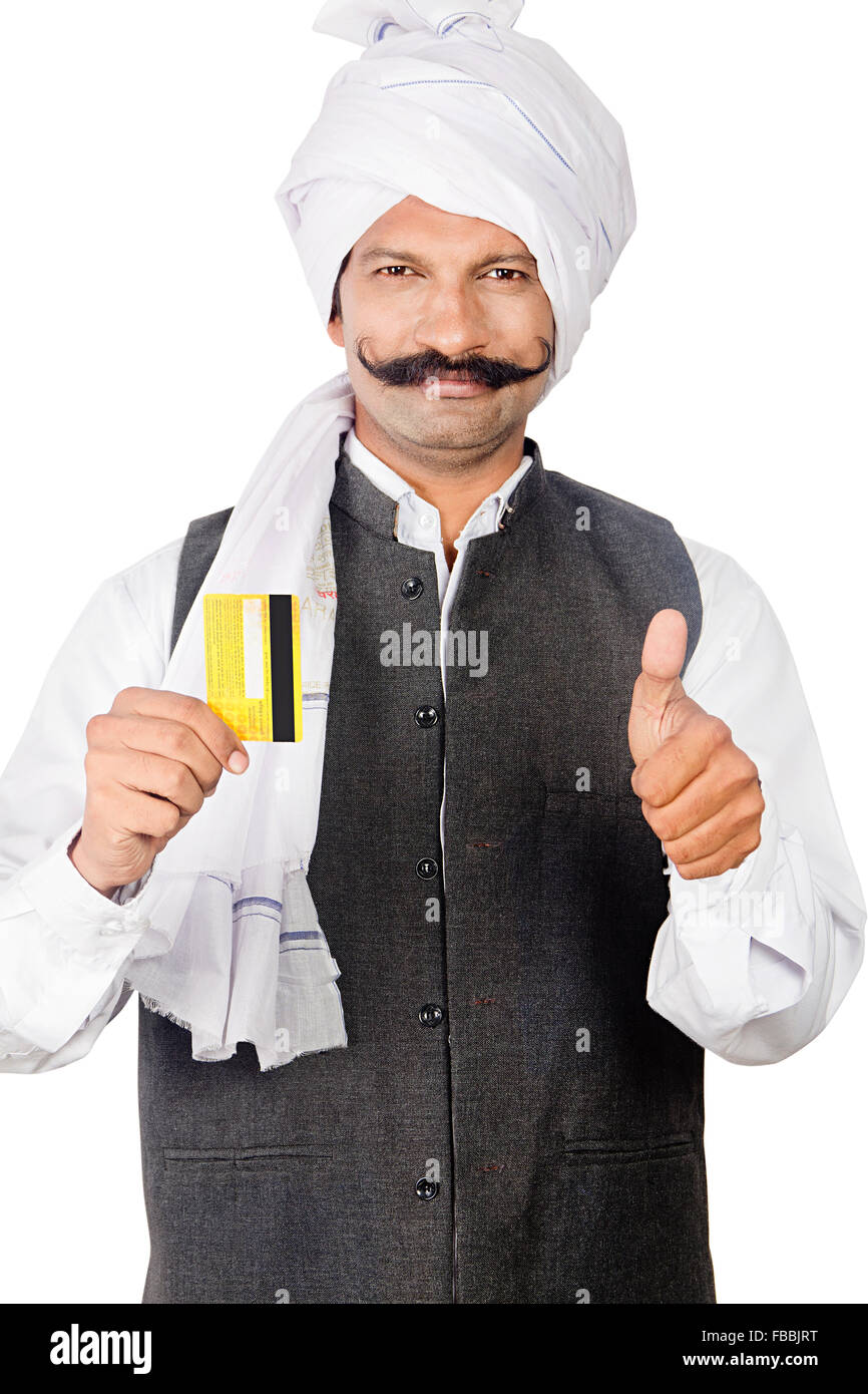 1 indian rural farmer man Credit Card thumbs up showing Stock Photo - Alamy