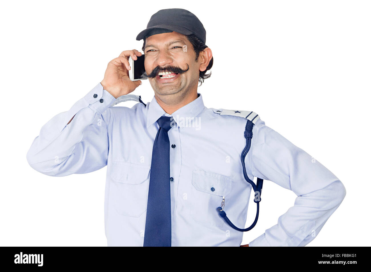 Standing looking away smiling security guard confidence communication