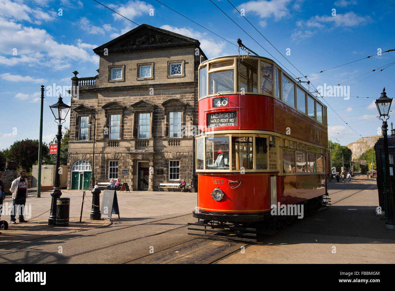 UK, England, Derbyshire, Crich, Tramway Museum, 1932 London Tram no 1622, passing Derby Assembly Rooms building Stock Photo