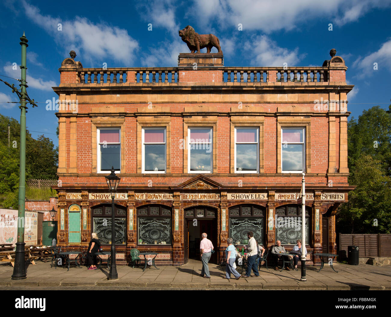 UK, England, Derbyshire, Crich, Tramway Museum, Red Lion Inn, Showell's Brewery, Stoke on Trent terracotta tiled pub, demolished Stock Photo