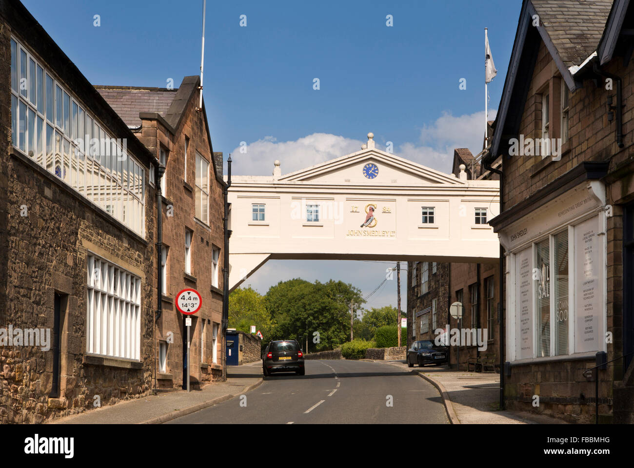UK, England, Derbyshire, Lea bridge, Lea Mills, home of John Smedley’s 200 year old knitwear factory, est 1784, bridge over road Stock Photo