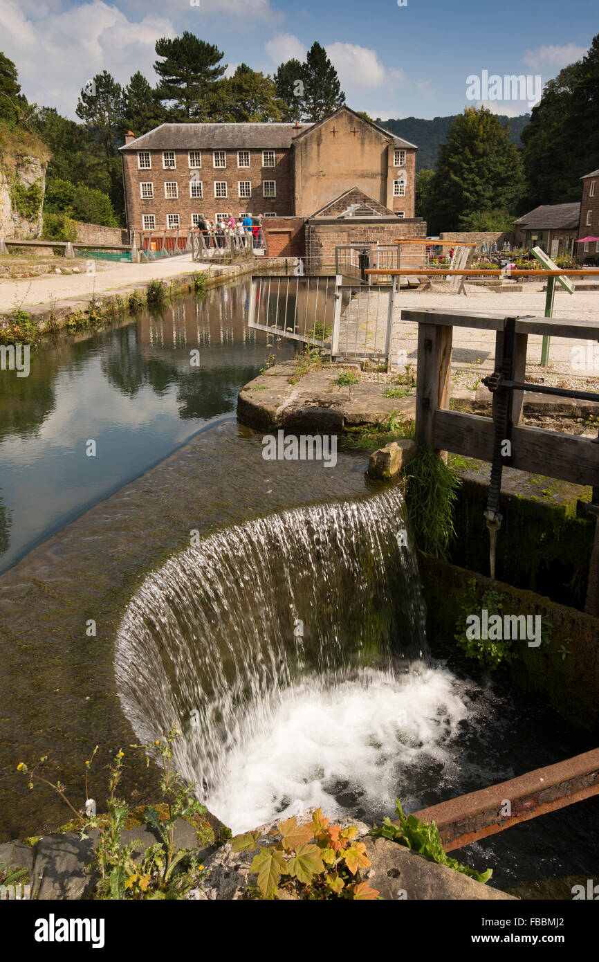 UK, England, Derbyshire, Cromford Mill, weir controlling water level to main waterwheel Stock Photo