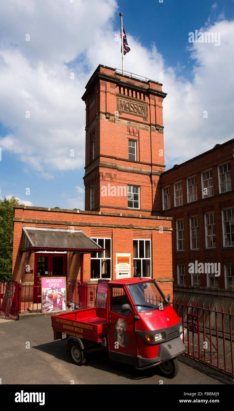 UK, England, Derbyshire, Matlock Bath, Air Richard Arkwright’s Masson Mills, promotional Ape 3 wheeler pickup at entrance Stock Photo